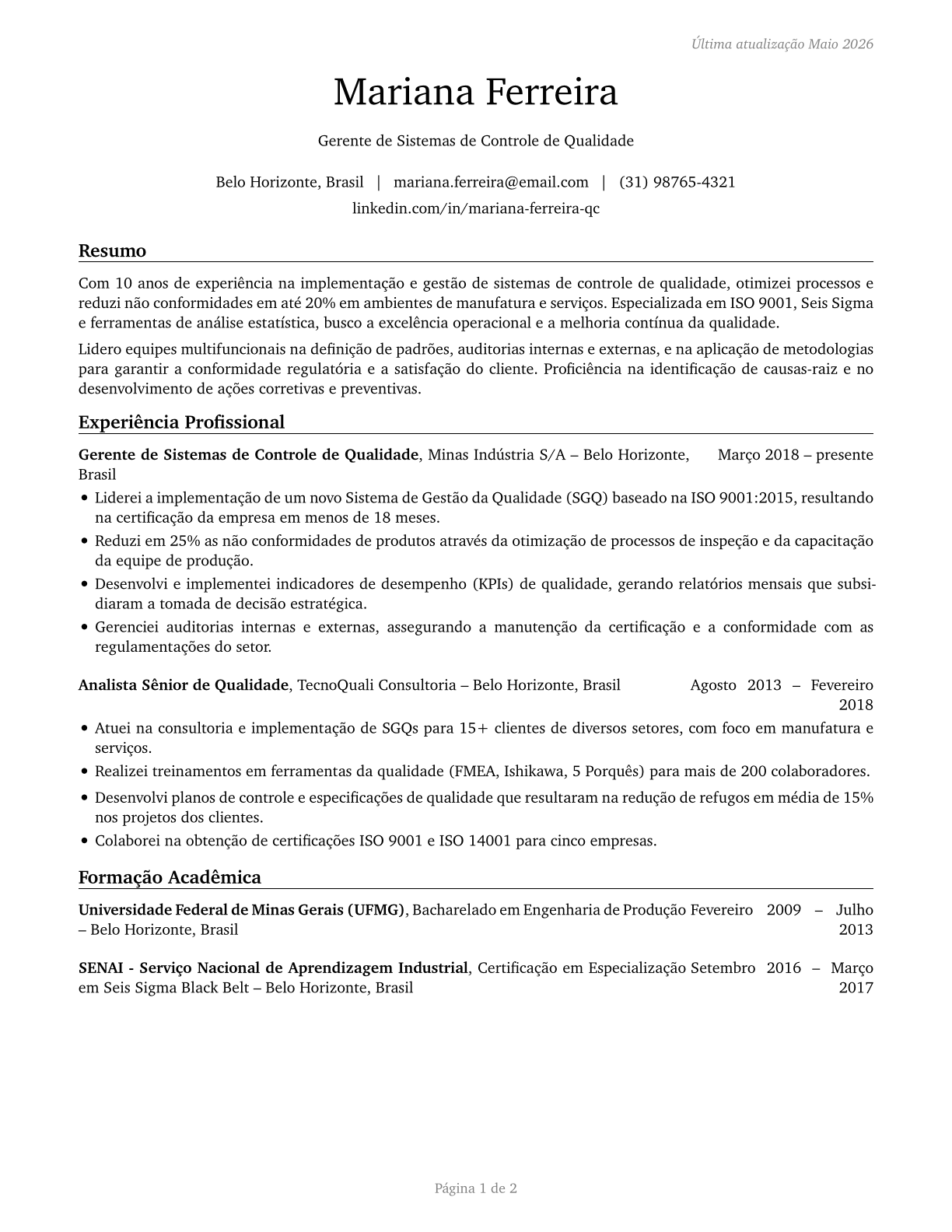 Quality Control Systems Managers CV in Portuguese — page 1