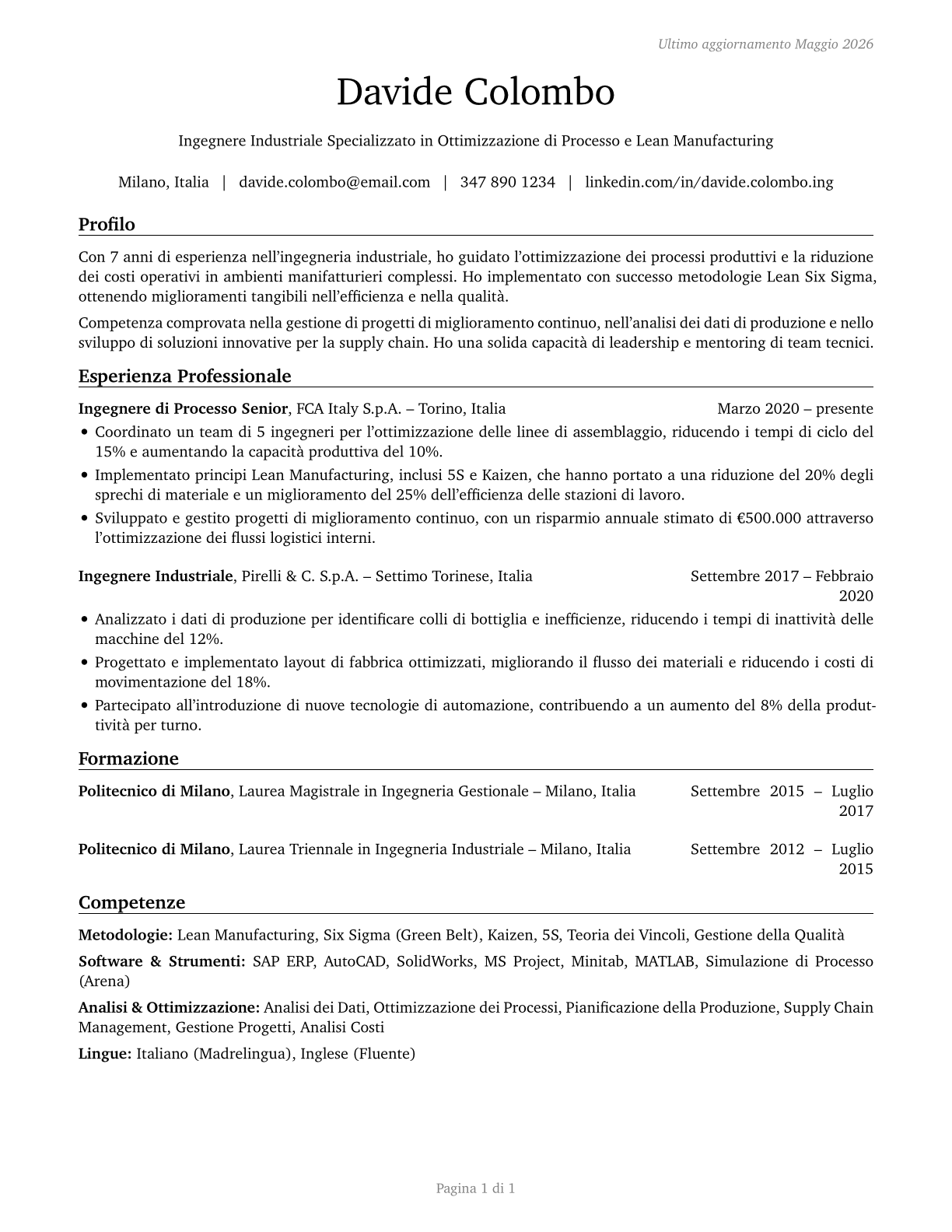 Industrial Engineers CV in Italian — page 1
