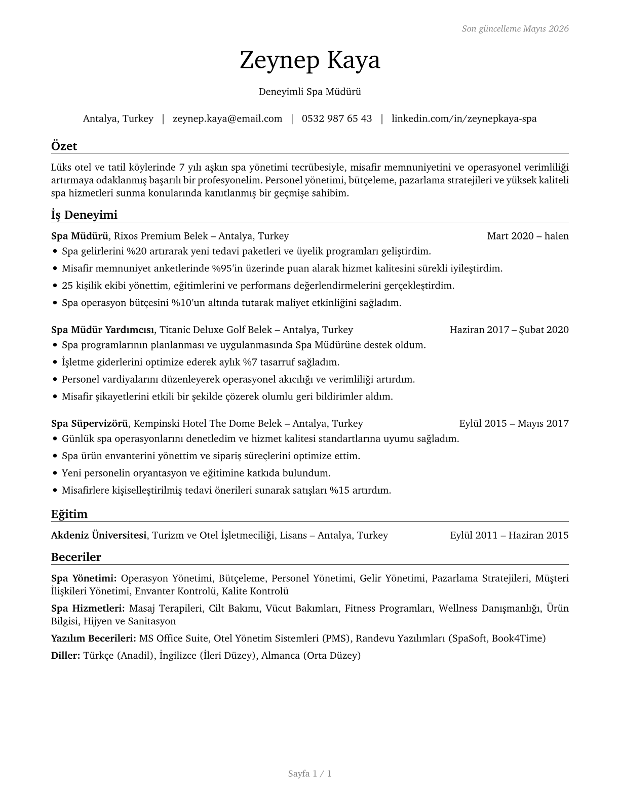 Spa Managers CV in Turkish — page 1