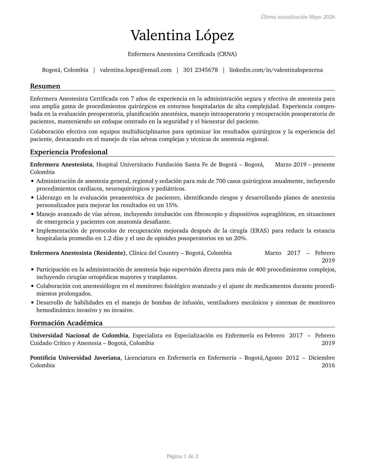 Nurse Anesthetists CV in Spanish — page 1