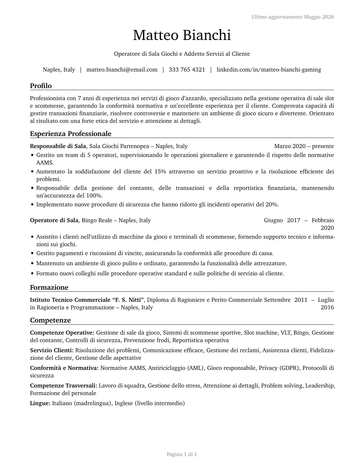 Gambling Service Workers, All Other CV in Italian — page 1