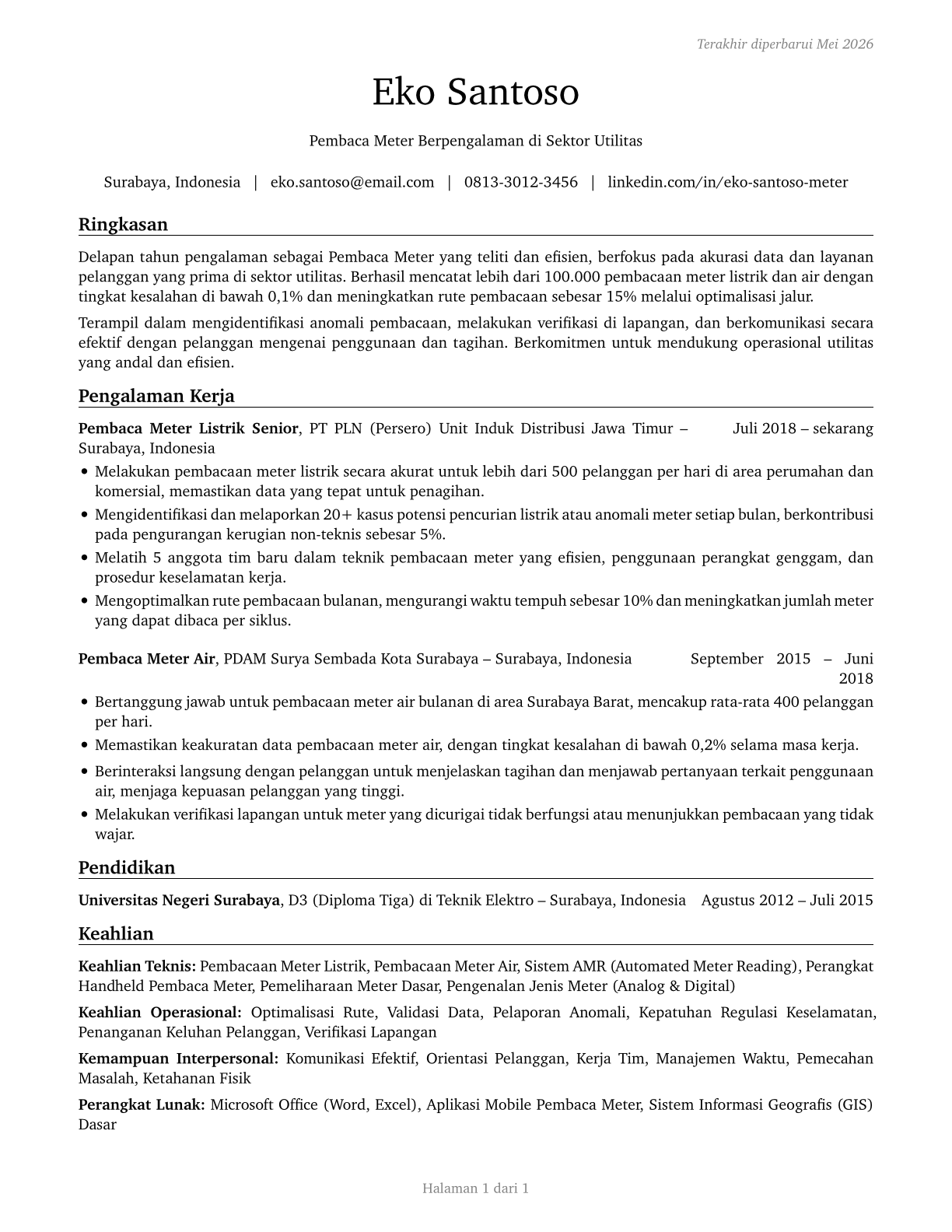 Meter Readers, Utilities CV in Indonesian — page 1