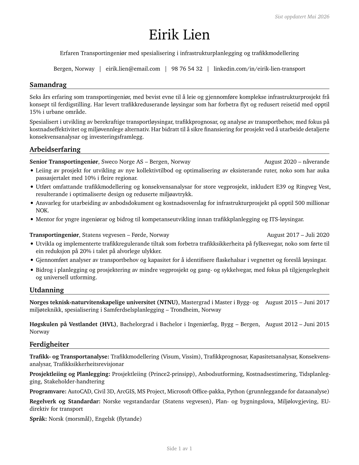 Transportation Engineers CV in Norwegian_nynorsk — page 1