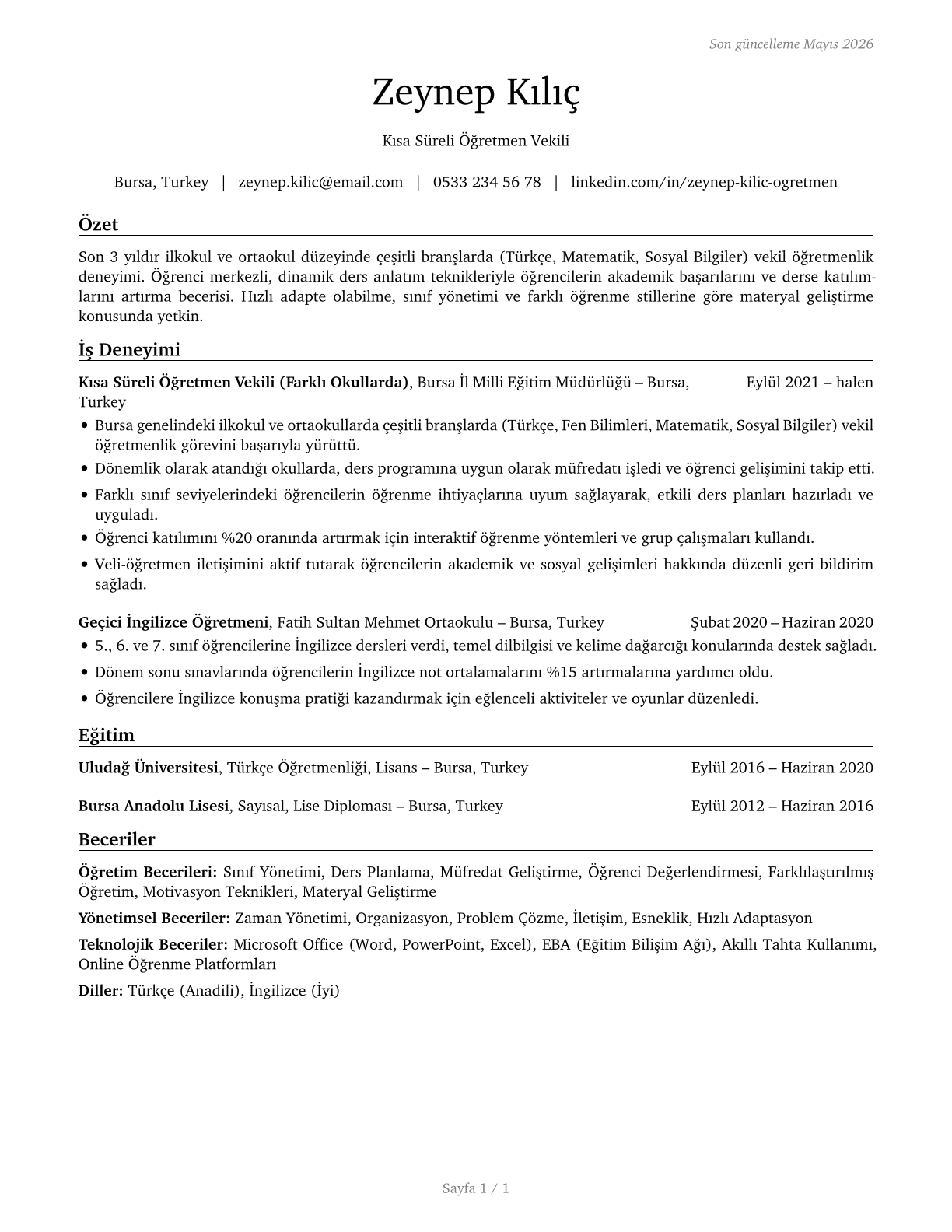 Substitute Teachers, Short-Term CV in Turkish — page 1