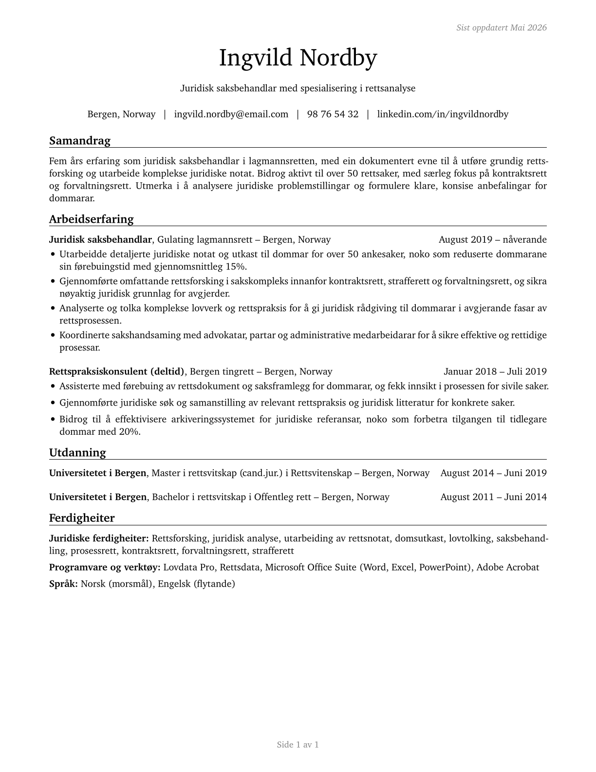 Judicial Law Clerks CV in Norwegian_nynorsk — page 1