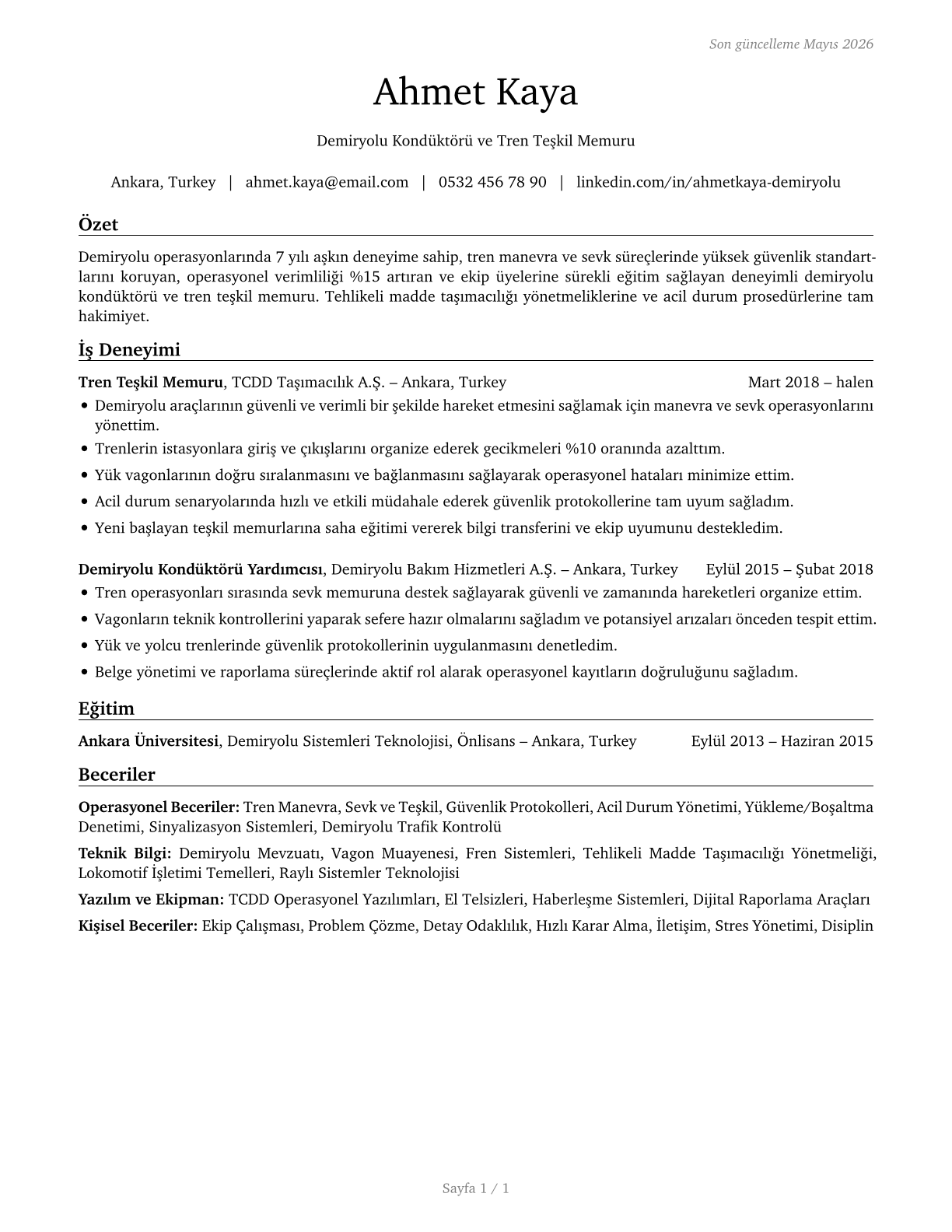 Railroad Conductors and Yardmasters CV in Turkish — page 1