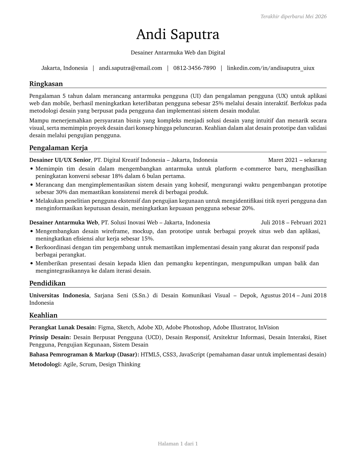 Web and Digital Interface Designers CV in Indonesian — page 1