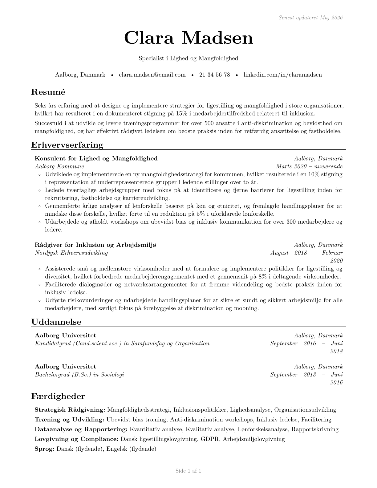Equal Opportunity Representatives and Officers CV in Danish — page 1