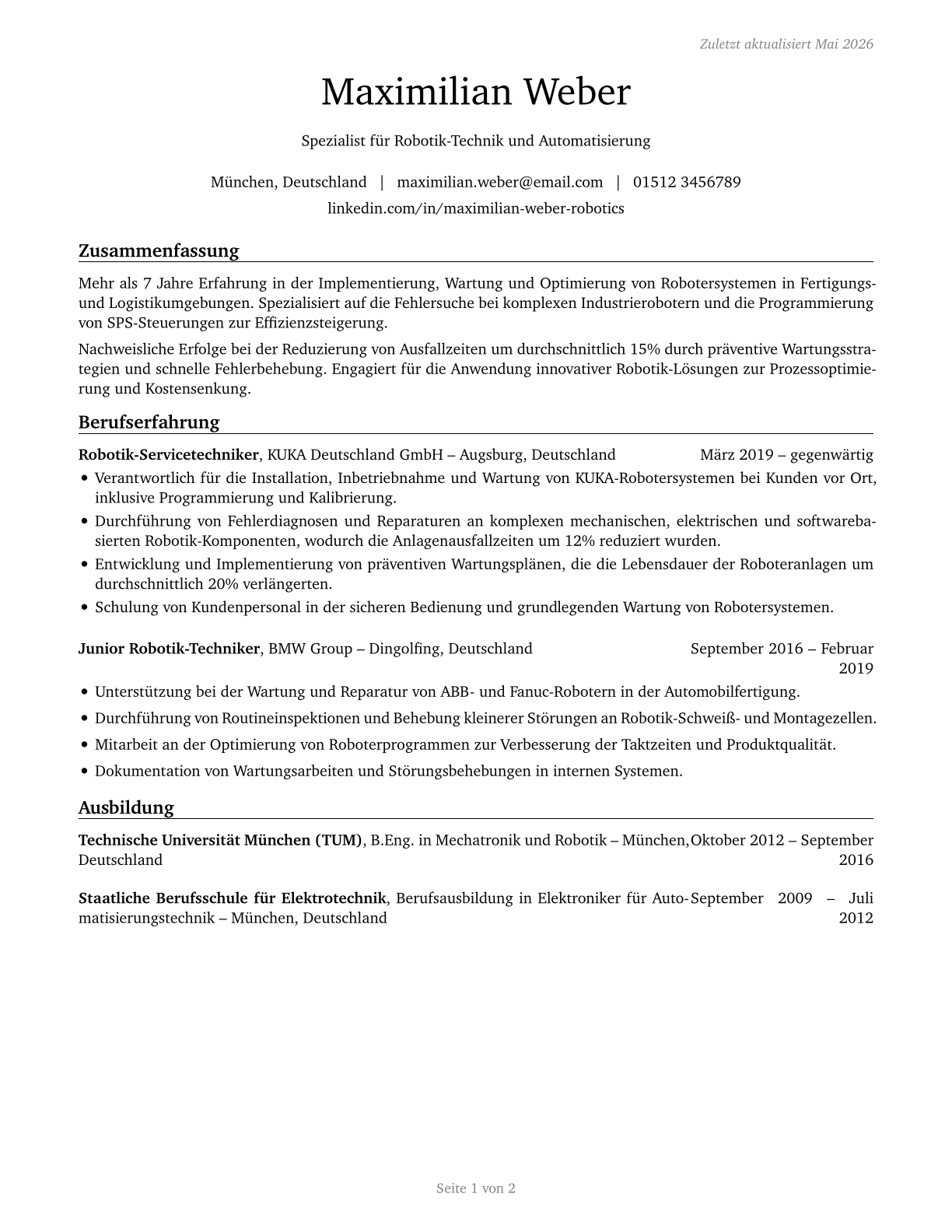 Robotics Technicians CV in German — page 1