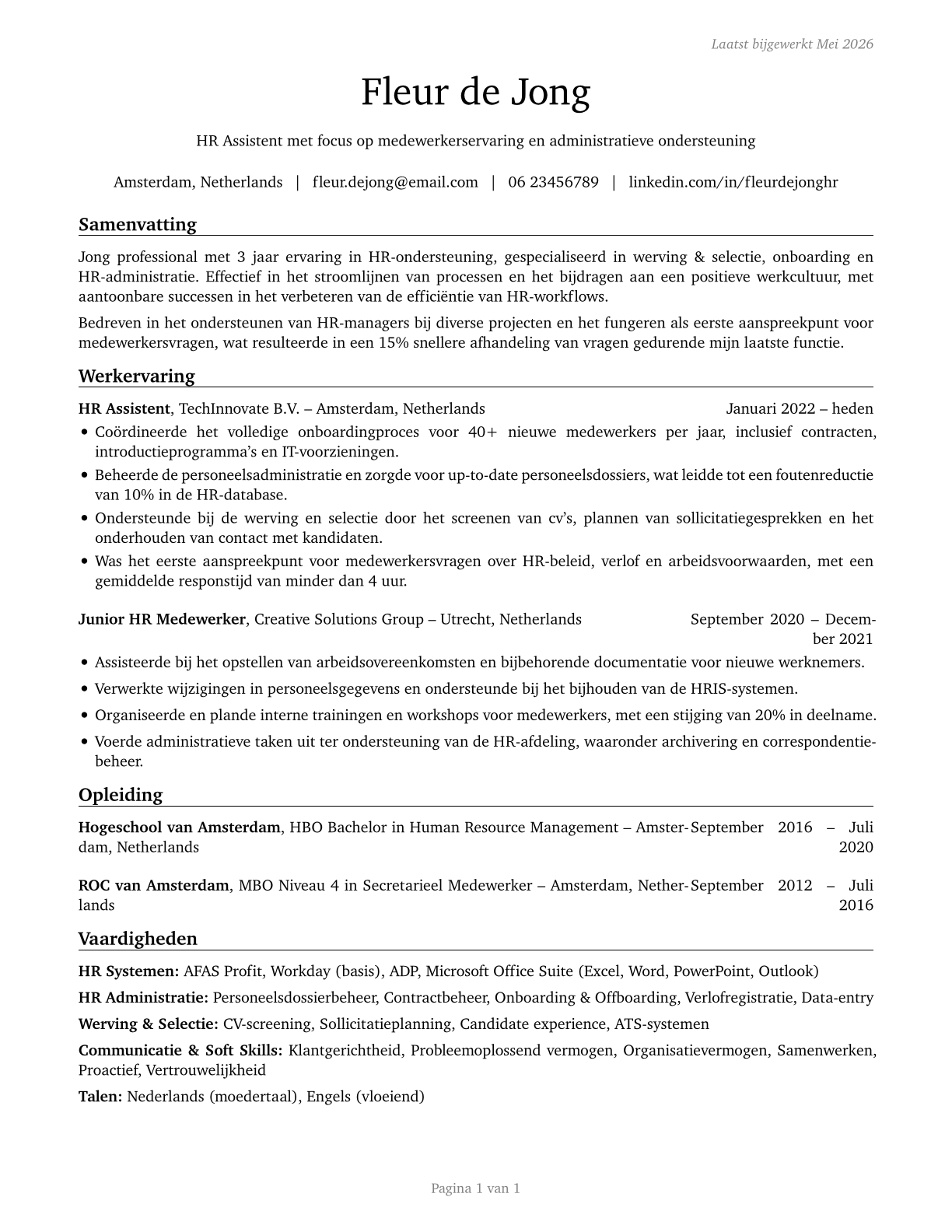 Human Resources Assistants, Except Payroll and Timekeeping CV in Dutch — page 1