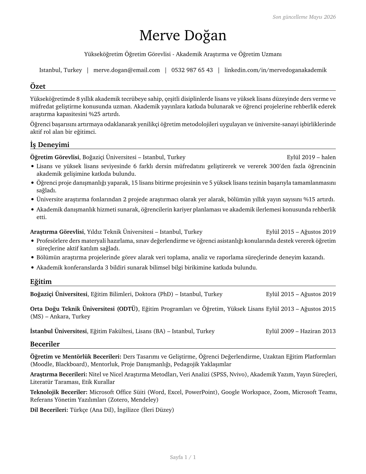 Postsecondary Teachers, All Other CV in Turkish — page 1