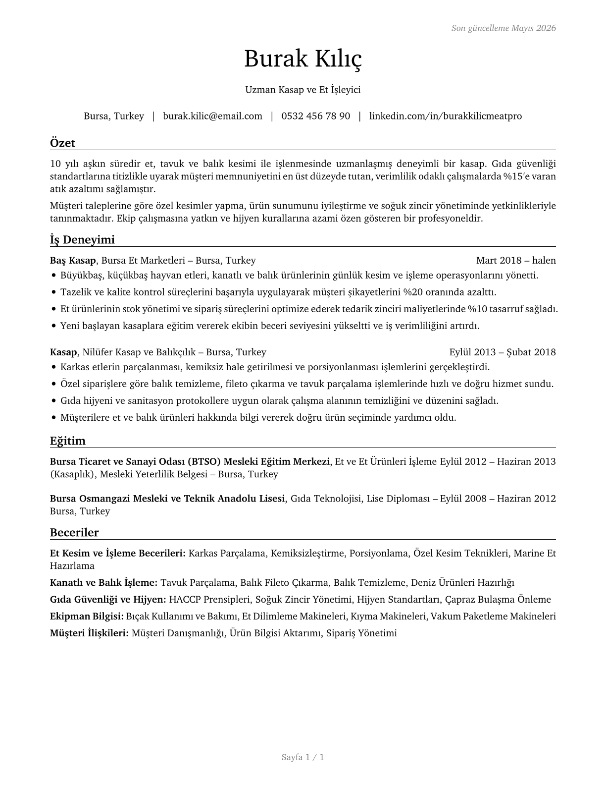 Meat, Poultry, and Fish Cutters and Trimmers CV in Turkish — page 1
