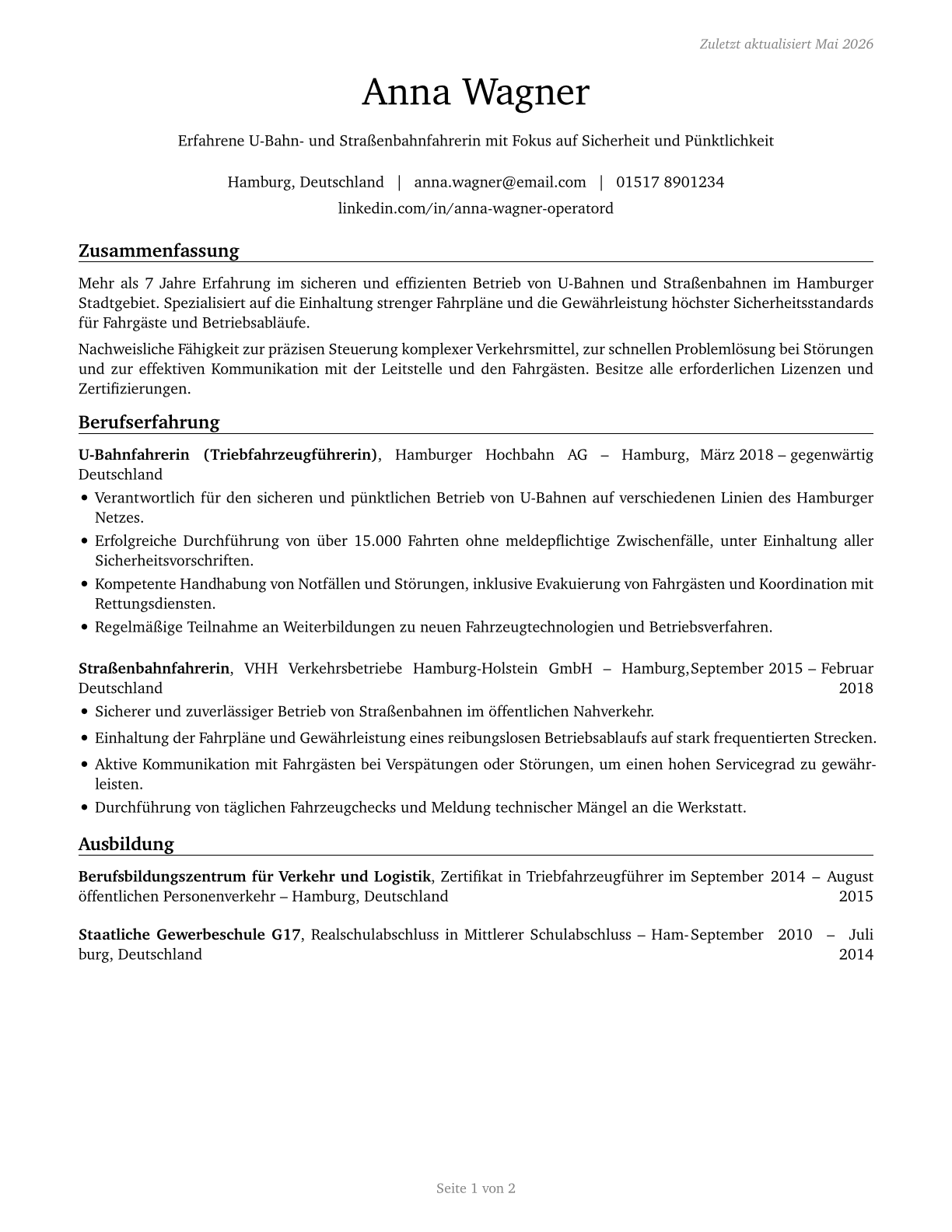 Subway and Streetcar Operators CV in German — page 1