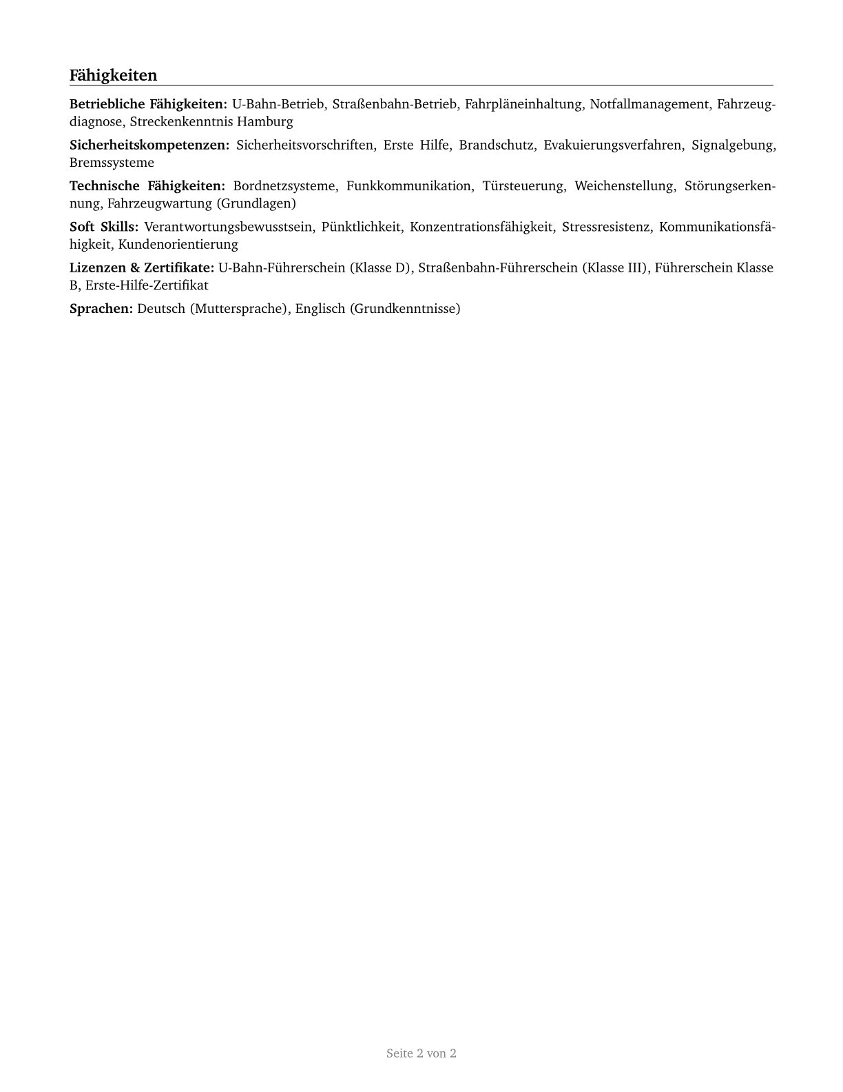 Subway and Streetcar Operators CV in German — page 2