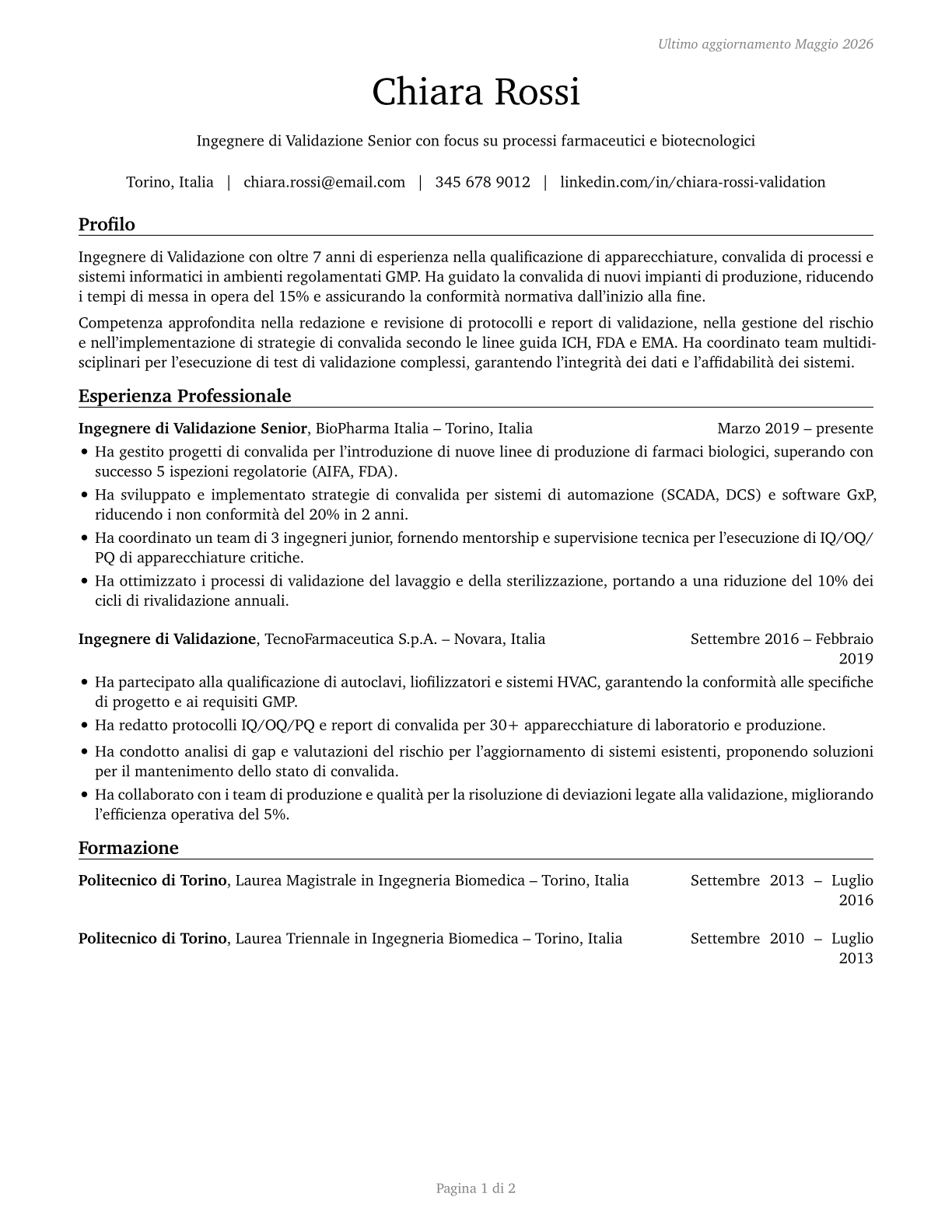 Validation Engineers CV in Italian — page 1