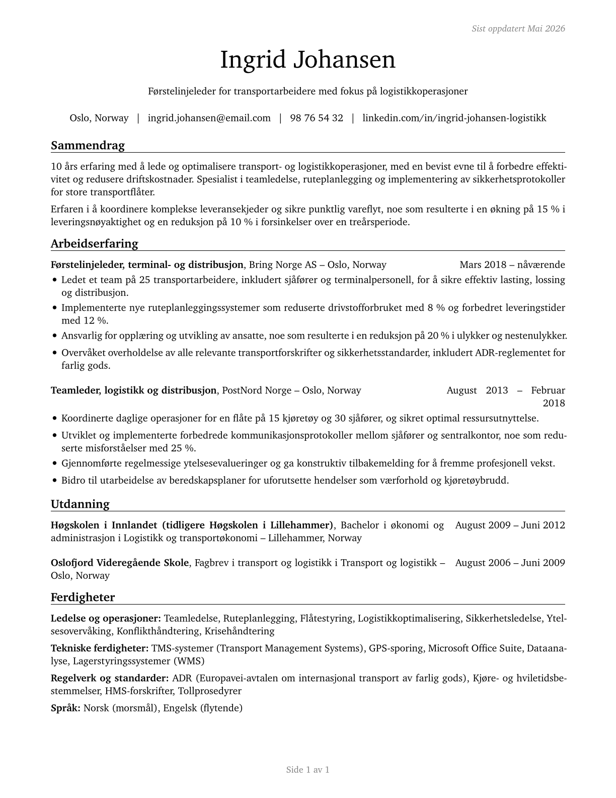 First-Line Supervisors of Transportation Workers, All Other CV in Norwegian_bokmal — page 1