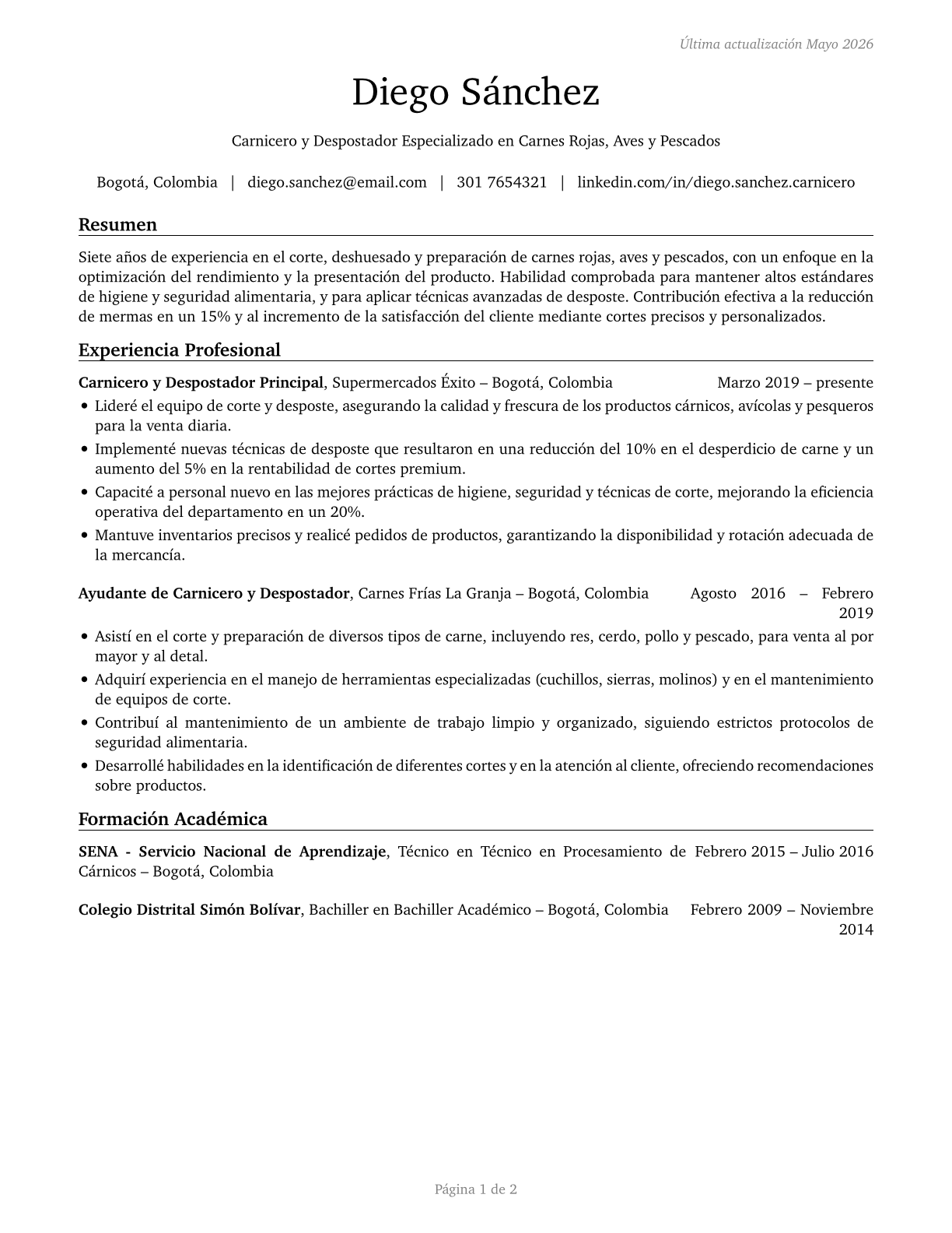 Meat, Poultry, and Fish Cutters and Trimmers CV in Spanish — page 1