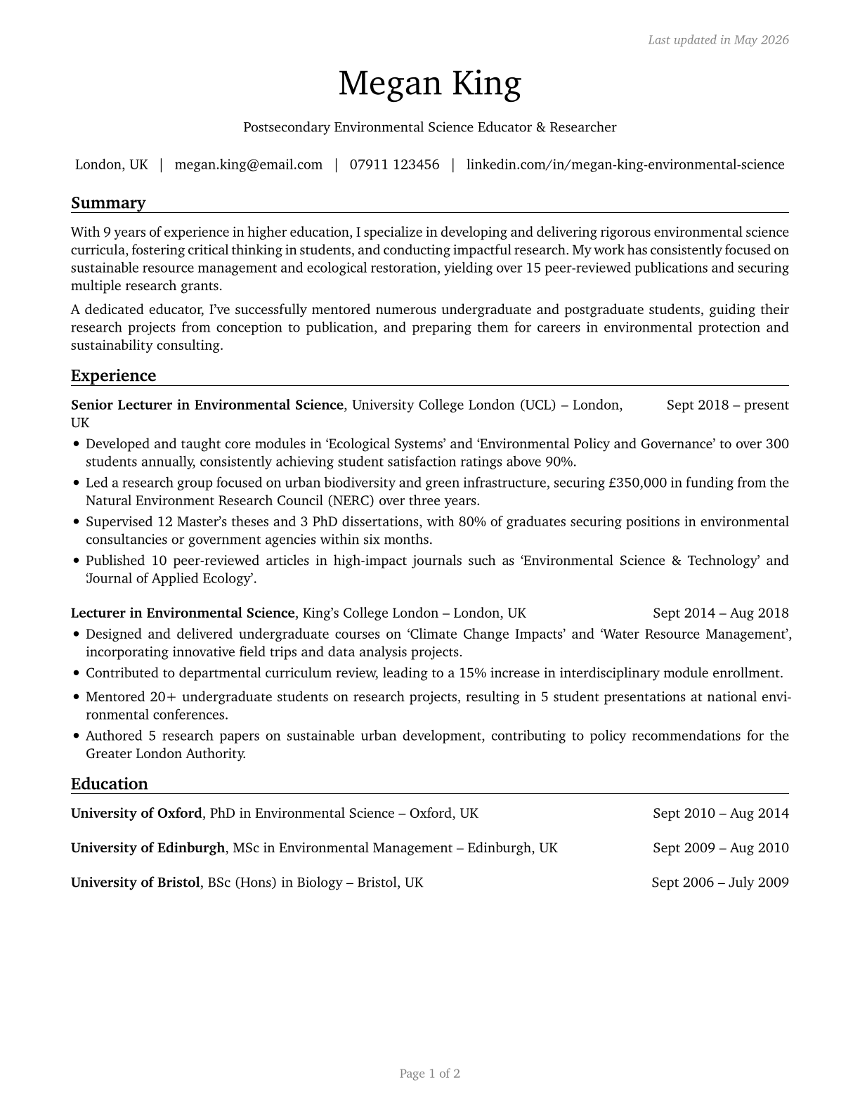 Environmental Science Teachers, Postsecondary CV in English — page 1