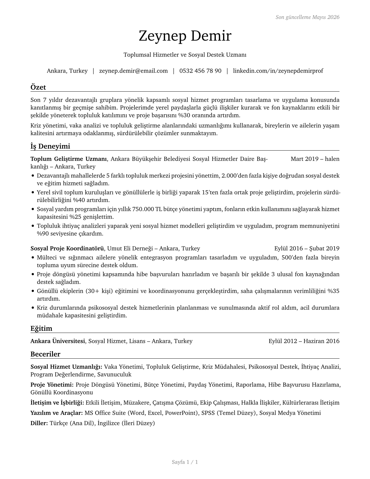 Community and Social Service Specialists, All Other CV in Turkish — page 1
