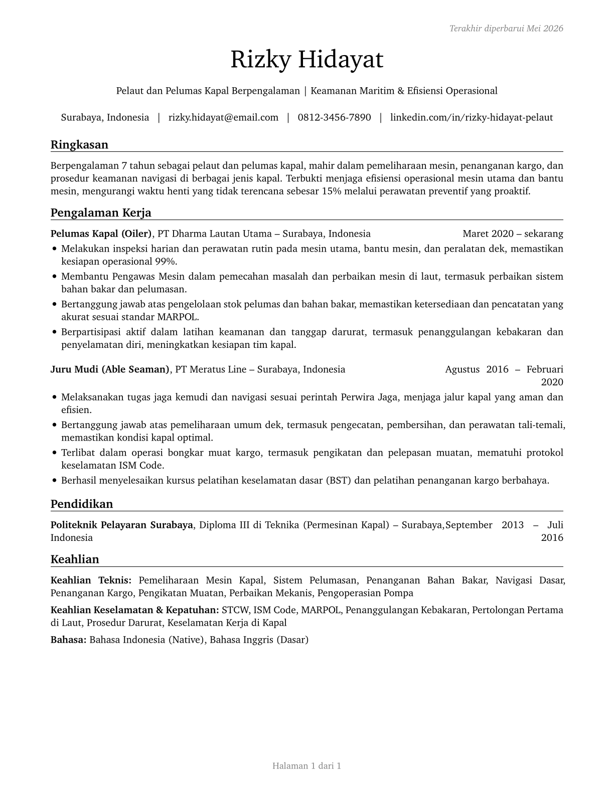 Sailors and Marine Oilers CV in Indonesian — page 1