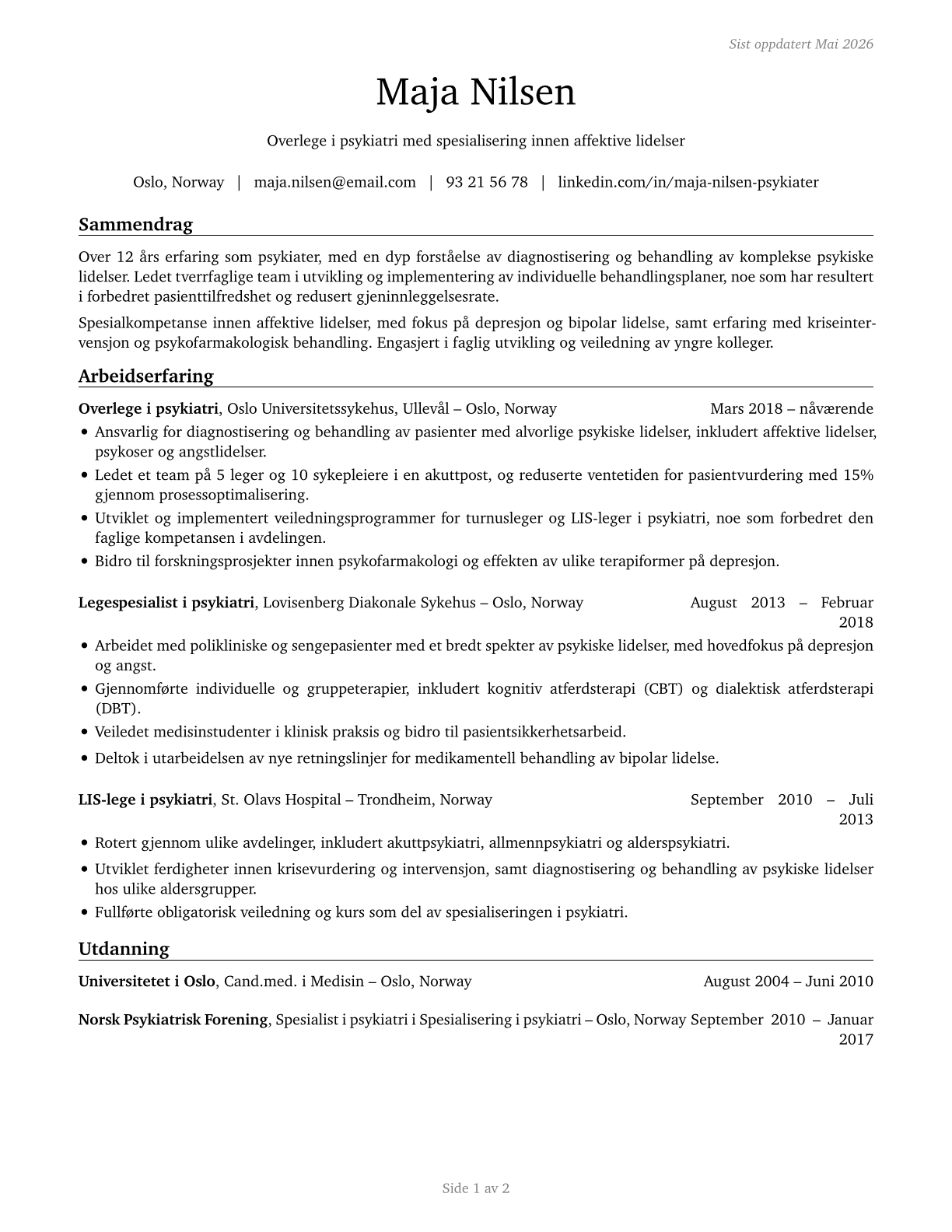 Psychiatrists CV in Norwegian_bokmal — page 1