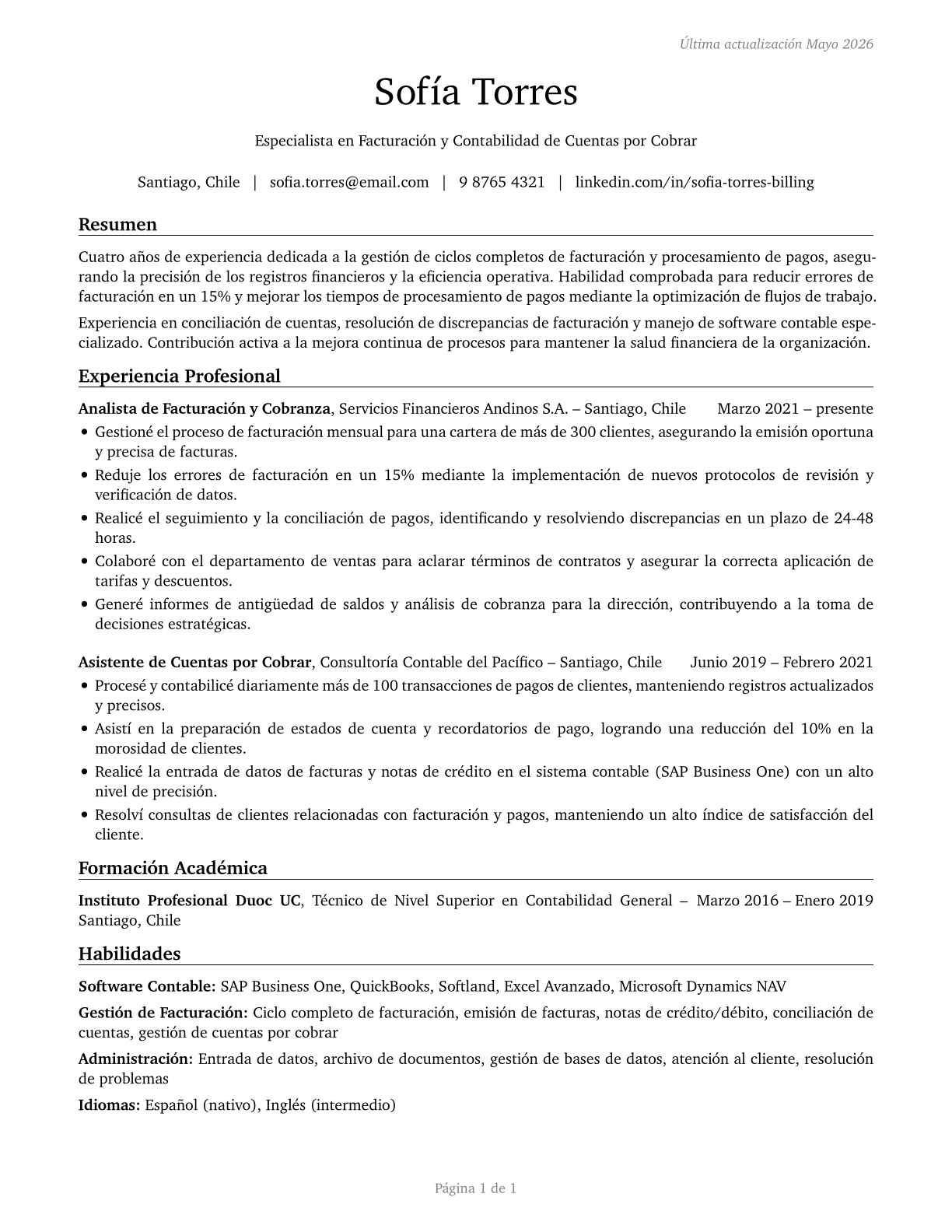 Billing and Posting Clerks CV in Spanish — page 1