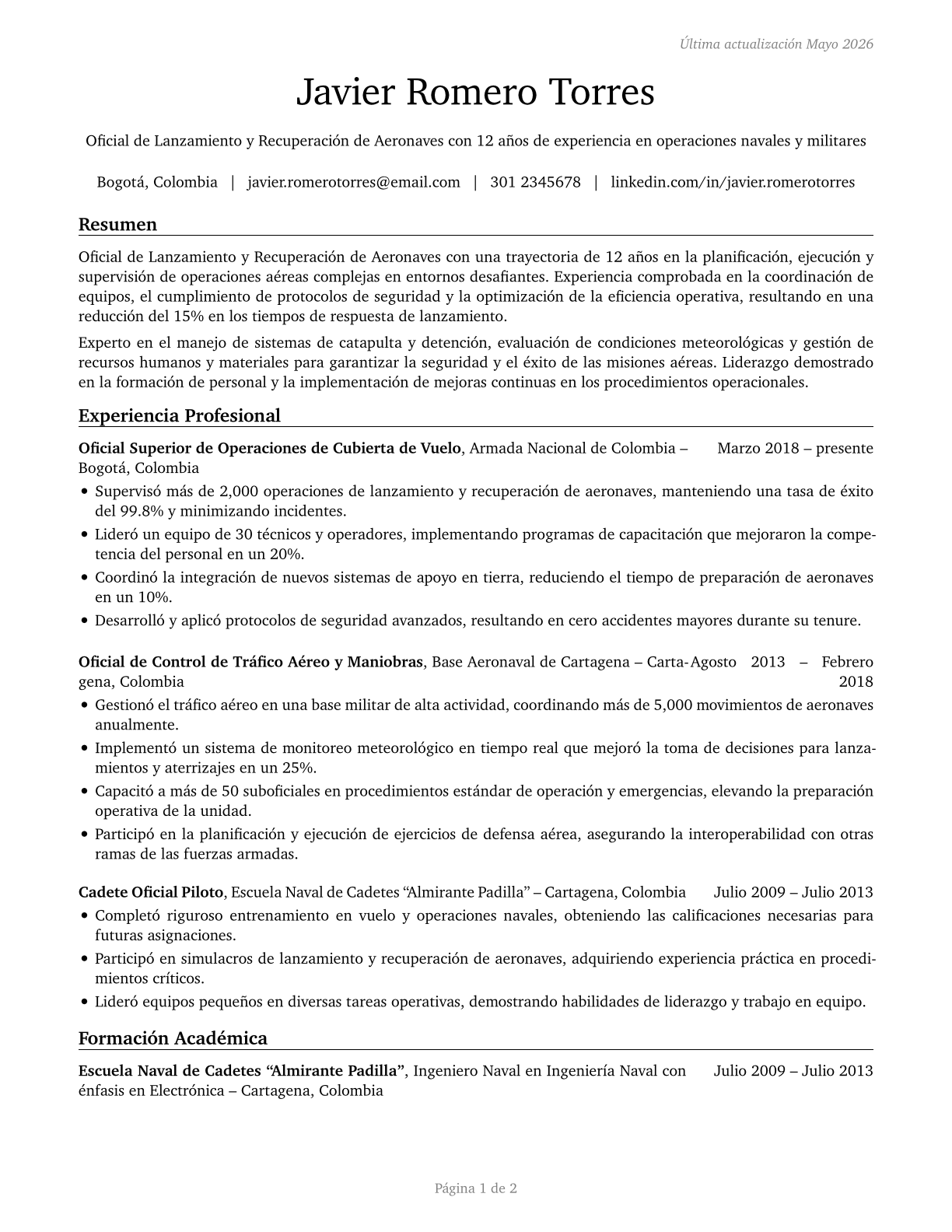 Aircraft Launch and Recovery Officers CV in Spanish — page 1