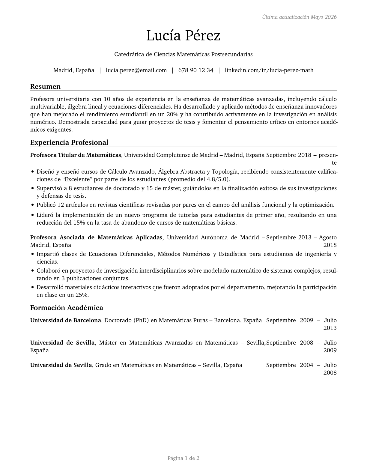 Mathematical Science Teachers, Postsecondary CV in Spanish — page 1