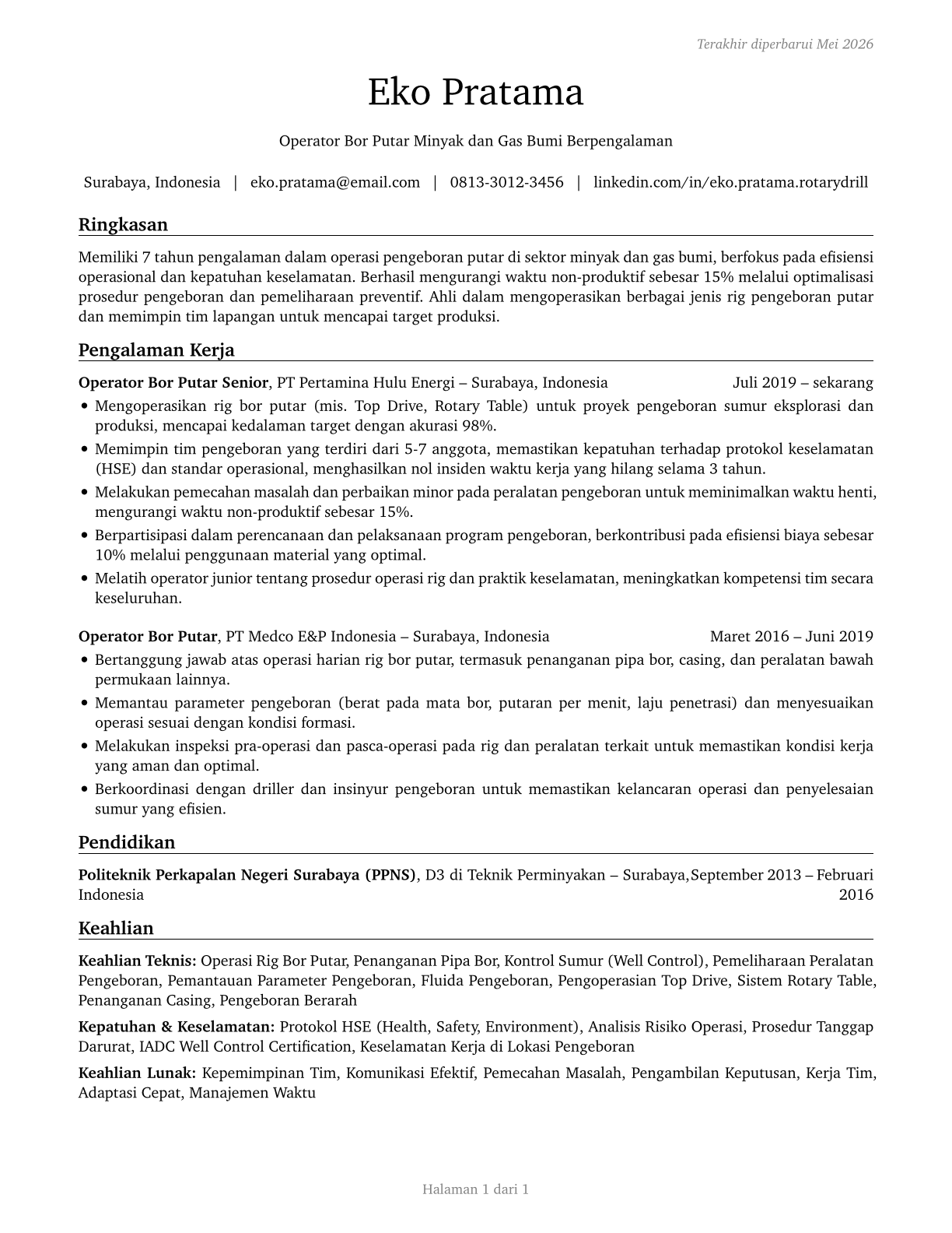 Rotary Drill Operators, Oil and Gas CV in Indonesian — page 1