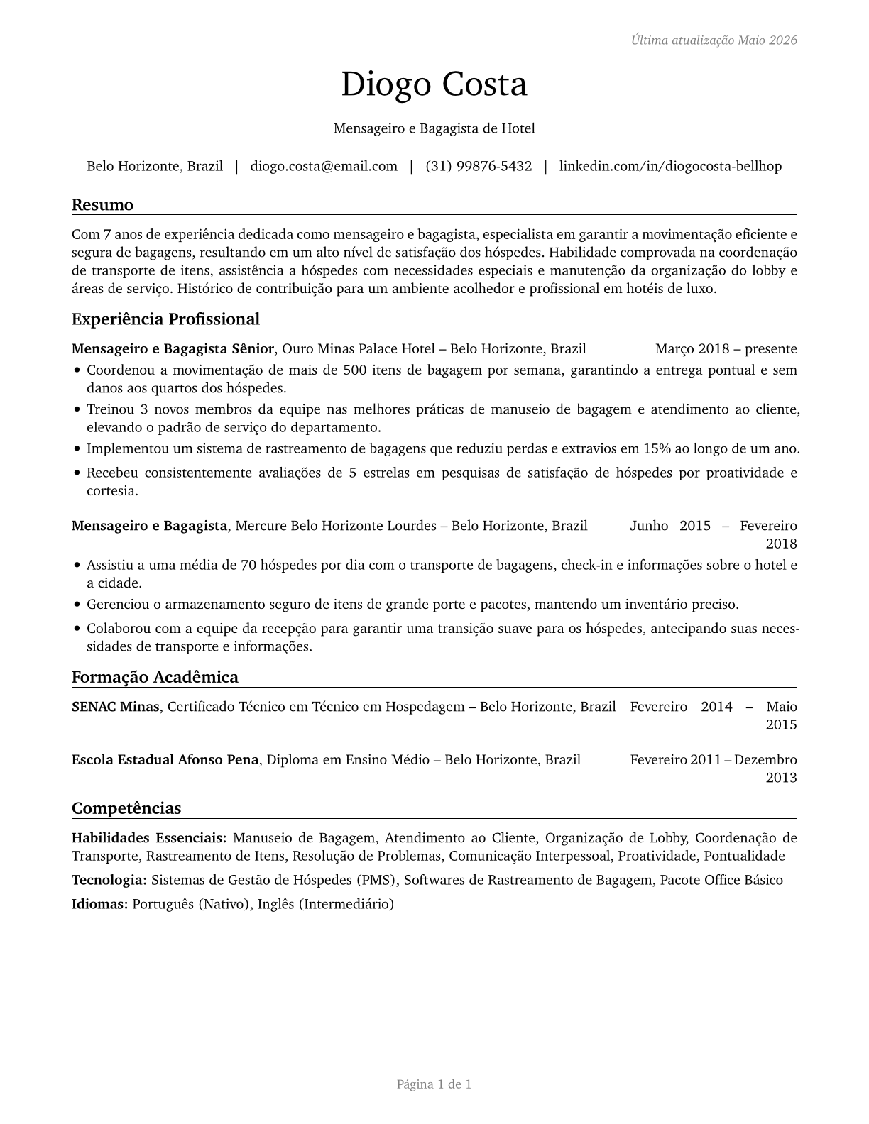 Baggage Porters and Bellhops CV in Portuguese — page 1