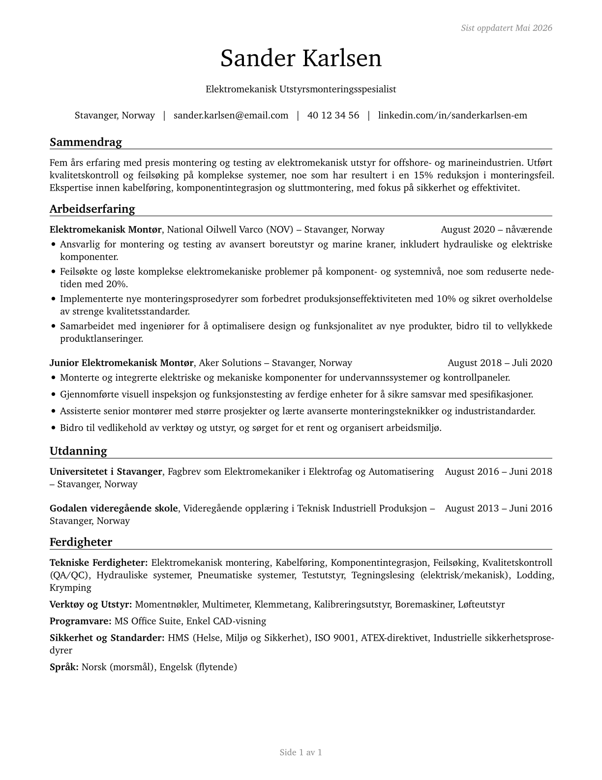 Electromechanical Equipment Assemblers CV in Norwegian_bokmal — page 1