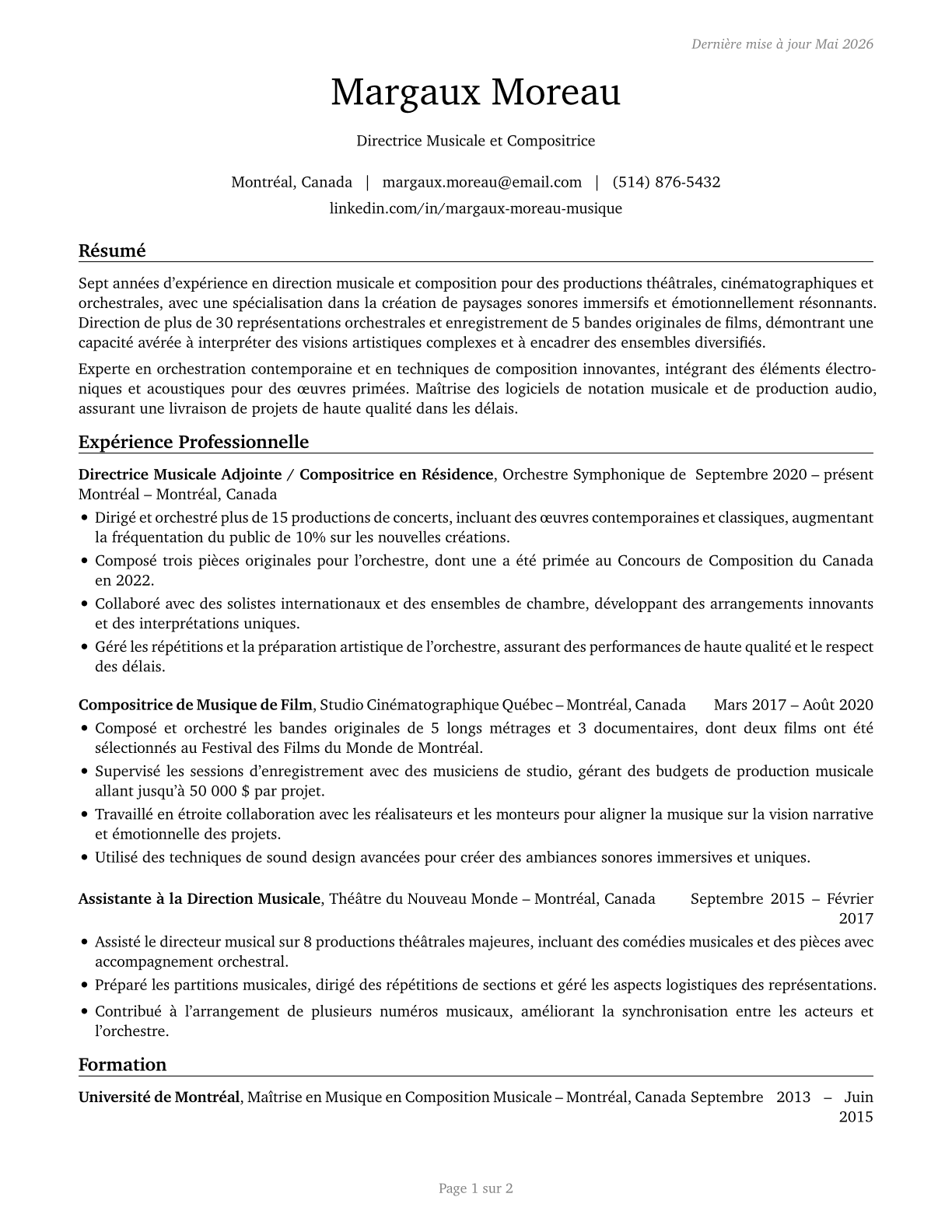 Music Directors and Composers CV in French — page 1