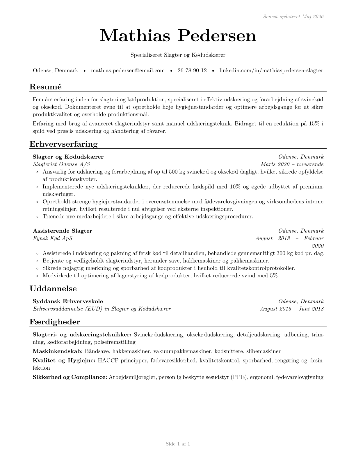 Slaughterers and Meat Packers CV in Danish — page 1