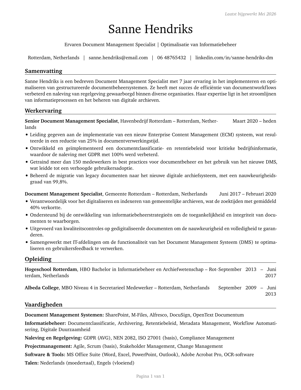 Document Management Specialists CV in Dutch — page 1