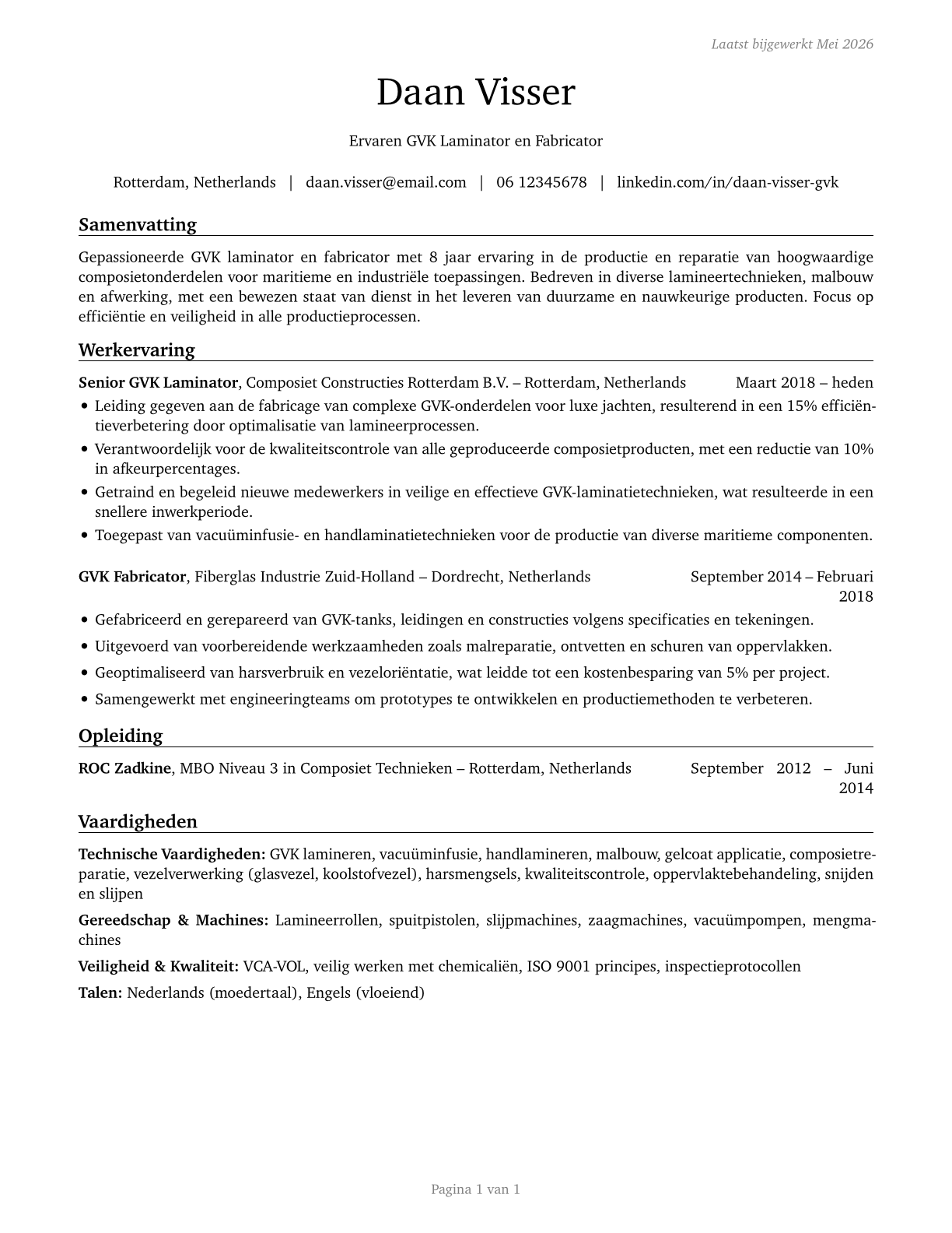 Fiberglass Laminators and Fabricators CV in Dutch — page 1