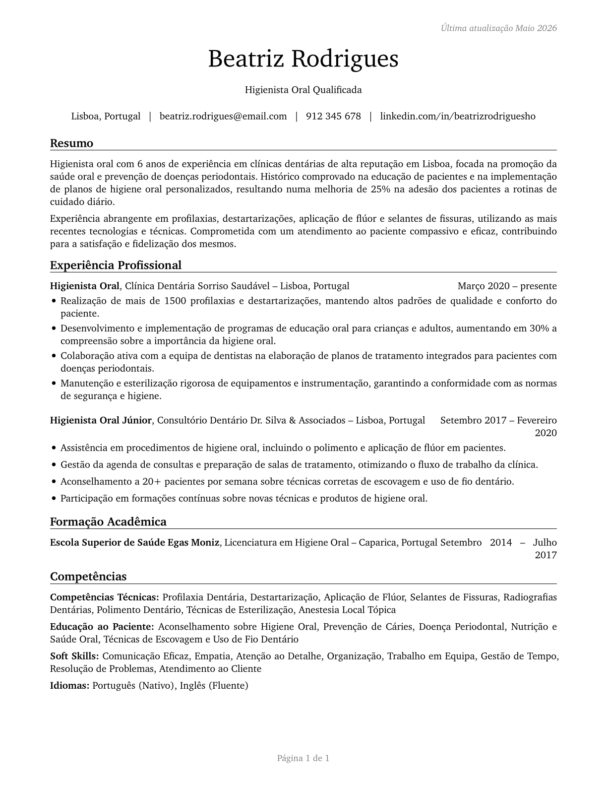 Dental Hygienists CV in Portuguese — page 1