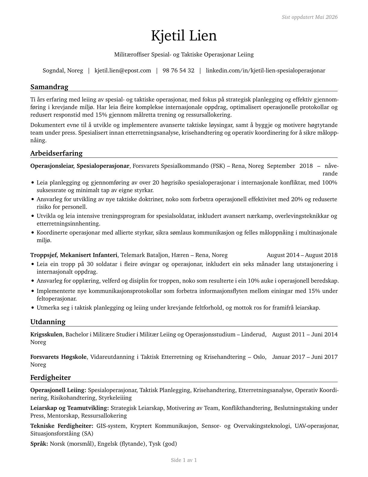 Military Officer Special and Tactical Operations Leaders, All Other CV in Norwegian_nynorsk — page 1