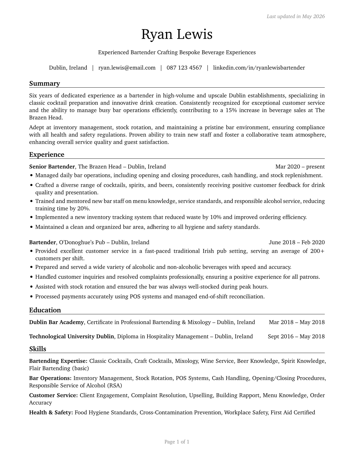 Bartenders CV in English — page 1