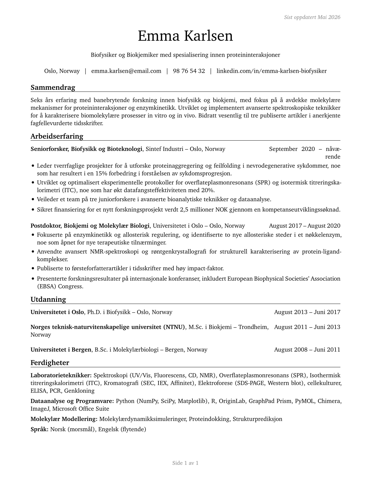 Biochemists and Biophysicists CV in Norwegian_bokmal — page 1