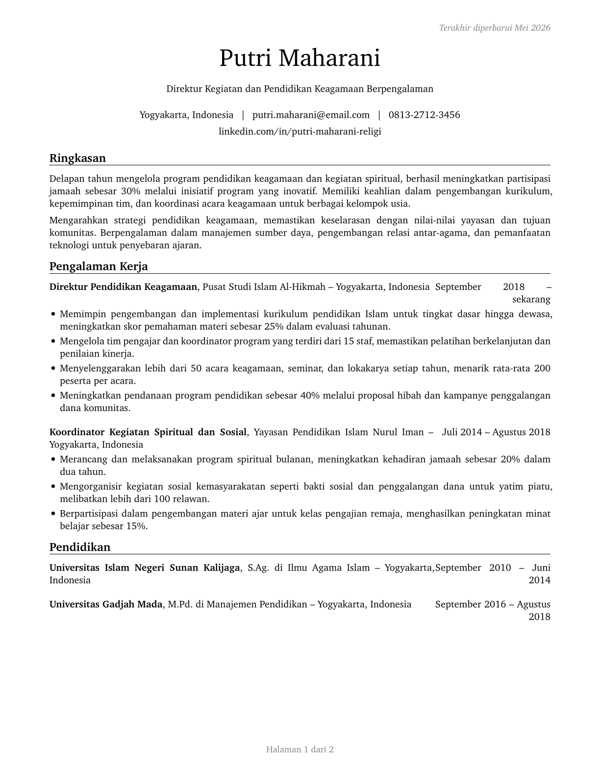 Directors, Religious Activities and Education CV in Indonesian — page 1