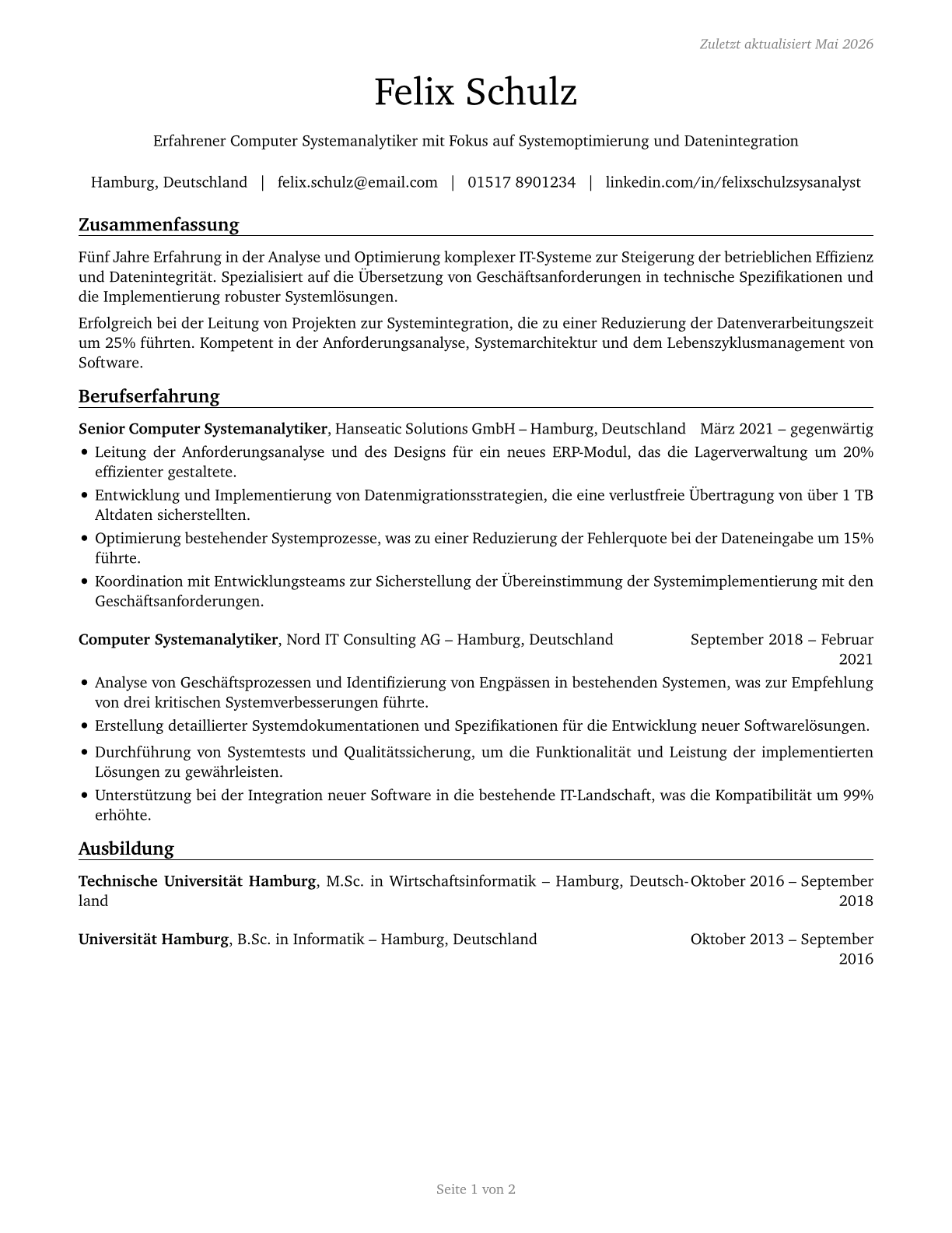 Computer Systems Analysts CV in German — page 1