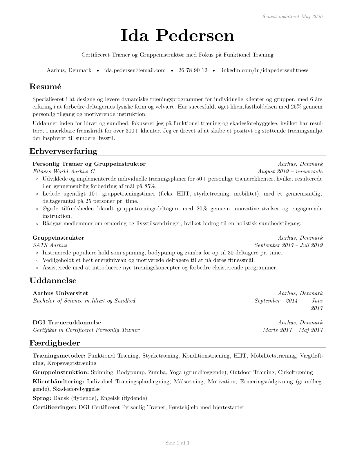 Exercise Trainers and Group Fitness Instructors CV in Danish — page 1