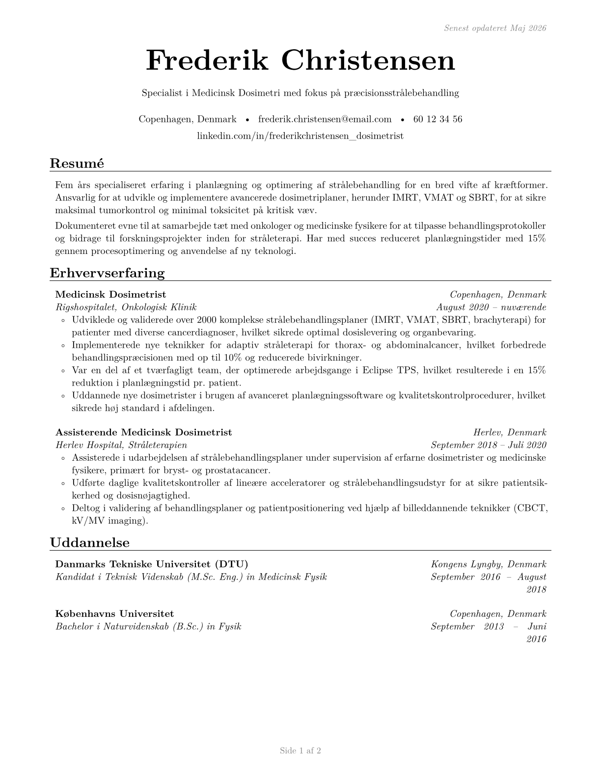 Medical Dosimetrists CV in Danish — page 1