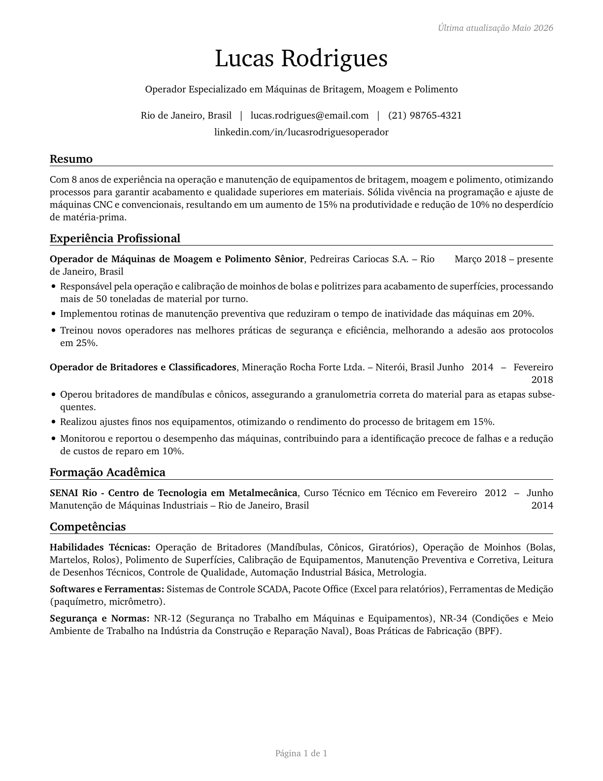 Crushing, Grinding, and Polishing Machine Setters, Operators, and Tenders CV in Portuguese — page 1