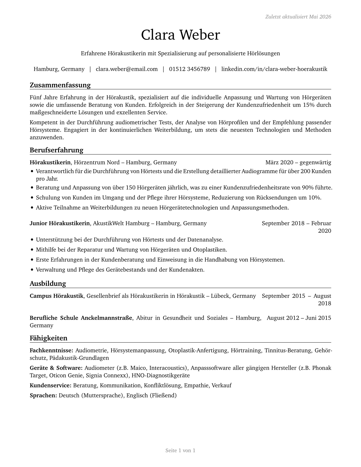 Hearing Aid Specialists CV in German — page 1
