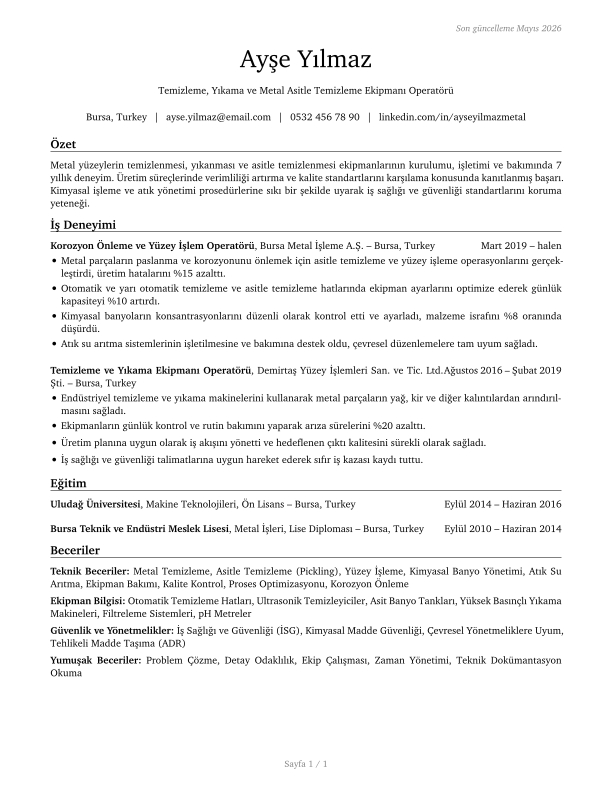 Cleaning, Washing, and Metal Pickling Equipment Operators and Tenders CV in Turkish — page 1