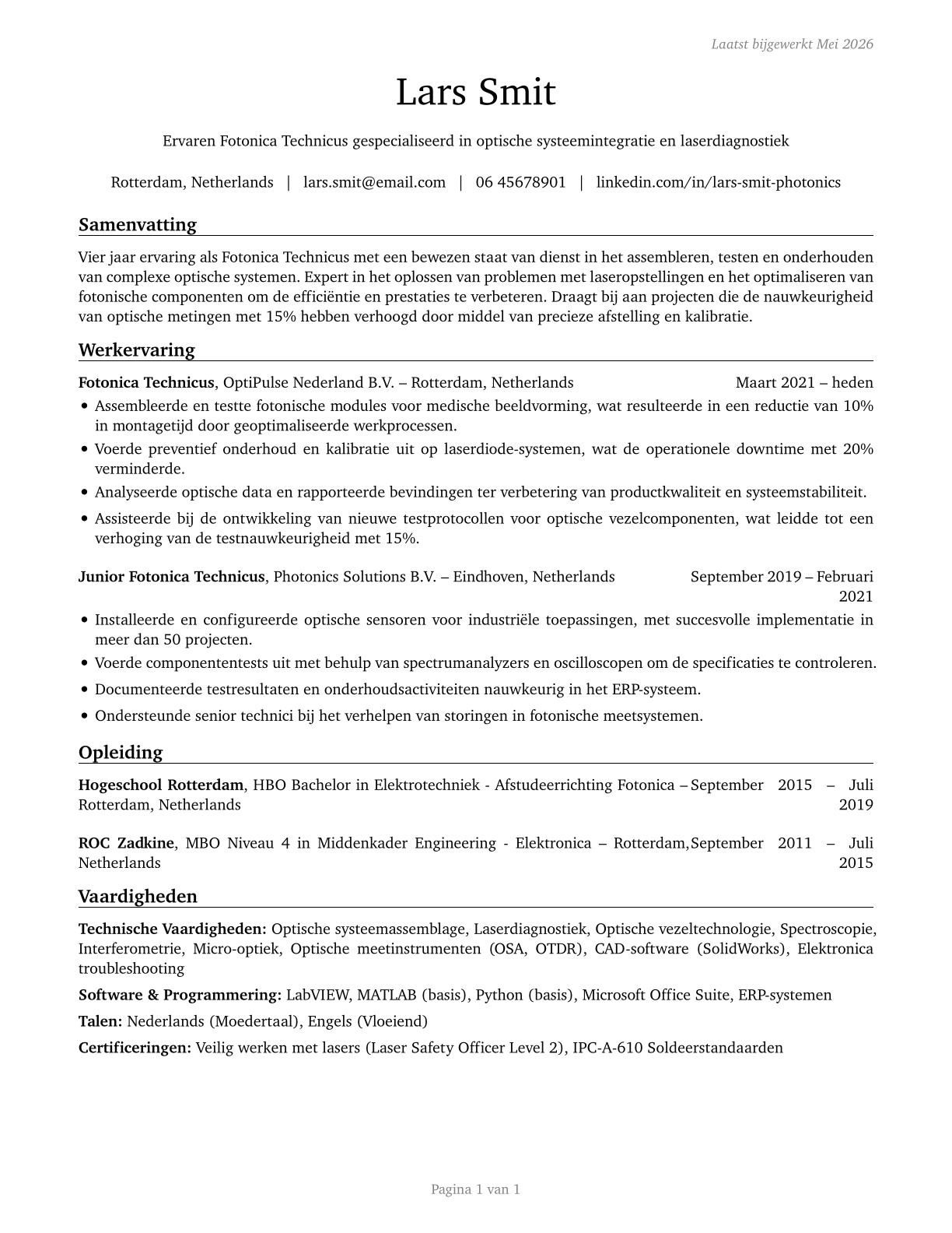 Photonics Technicians CV in Dutch — page 1