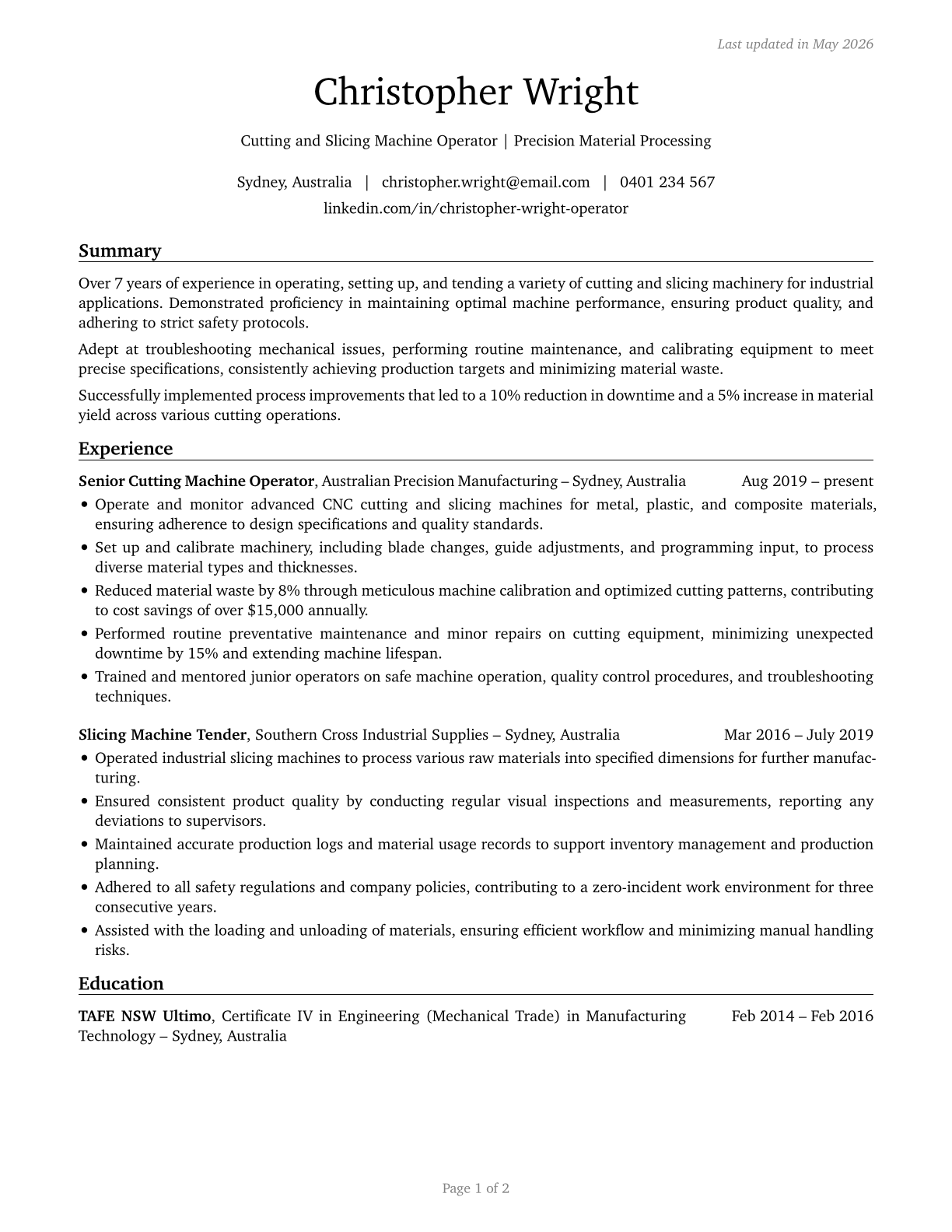 Cutting and Slicing Machine Setters, Operators, and Tenders CV in English — page 1