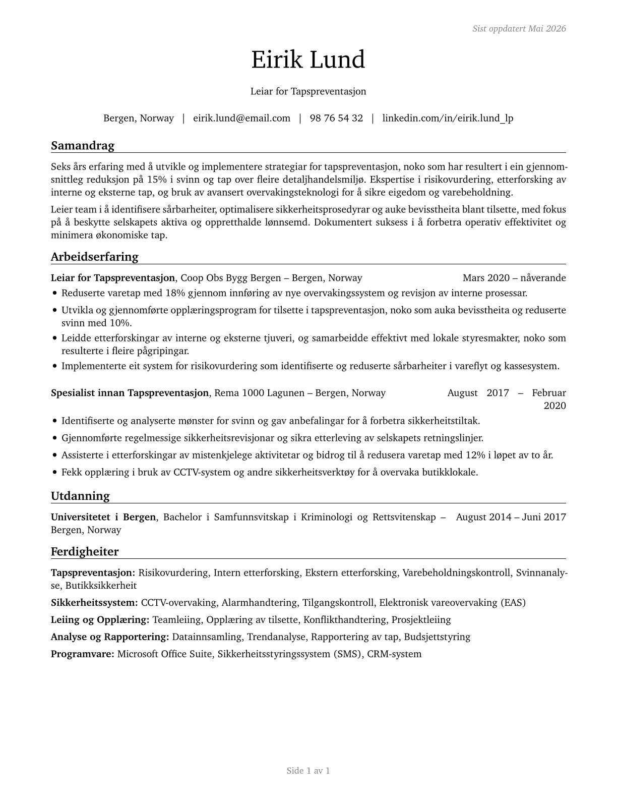 Loss Prevention Managers CV in Norwegian_nynorsk — page 1
