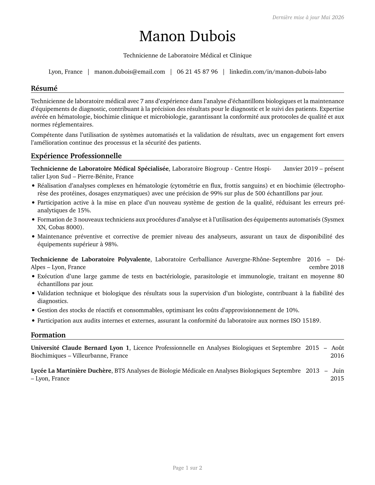 Medical and Clinical Laboratory Technicians CV in French — page 1